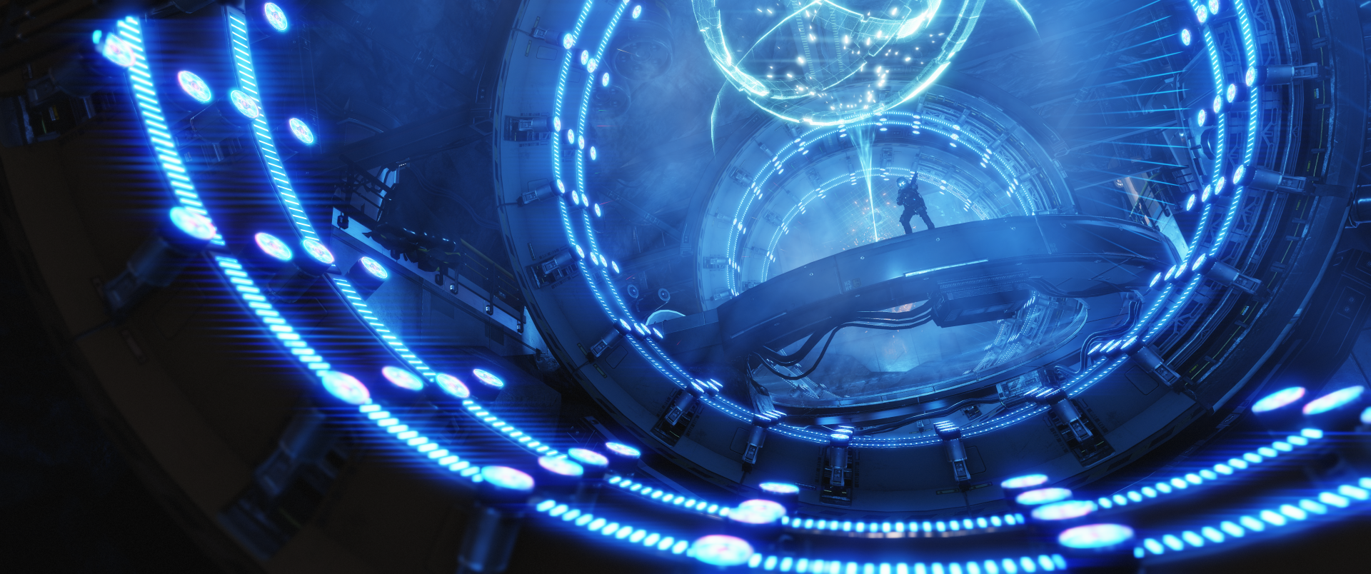 4K Ultra HD PC desktop wallpaper from the video game Titanfall 2, featuring a futuristic, glowing blue circular structure with a silhouetted figure inside.