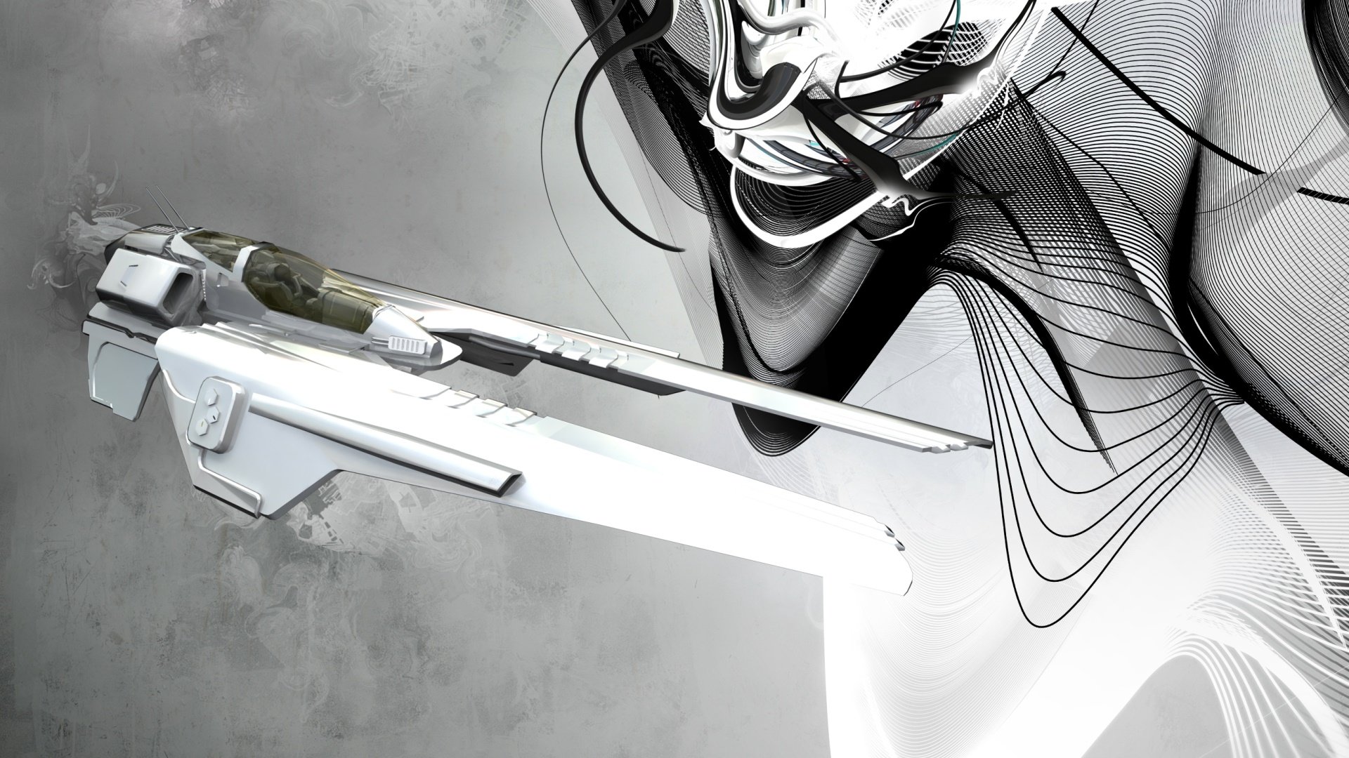 HD digital art desktop wallpaper featuring a dynamic, abstract wipeout design with flowing lines and futuristic shapes in monochrome tones.