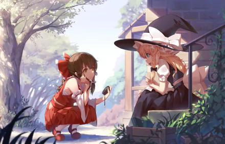 HD PC desktop wallpaper featuring anime characters Marisa Kirisame and Reimu Hakurei from Touhou, set in a tranquil outdoor scene with soft lighting and detailed backgrounds.