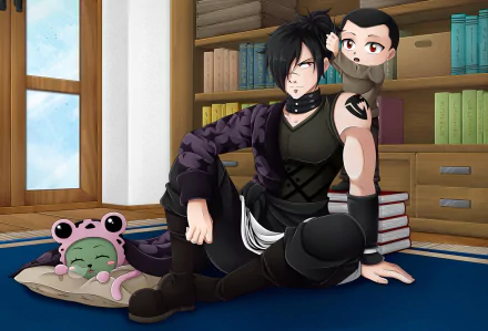 Rogue Cheney from Fairy Tail relaxes indoors with a playful child and Frosch, the frog character, beside them. This HD anime wallpaper captures a charming moment in a cozy setting.