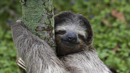 A sloth with a gentle smile clings to a tree trunk, set against a blurred green backdrop. This HD wallpaper captures the charming essence of this slow-moving animal.