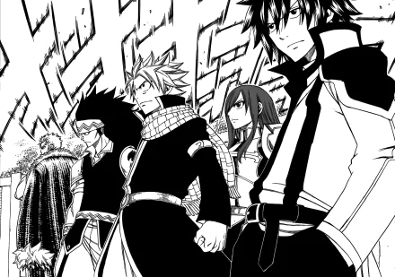 Black and white HD PC desktop wallpaper featuring Fairy Tail characters Laxus Dreyar, Gajeel Redfox, Gray Fullbuster, Erza Scarlet, and Natsu Dragneel in dynamic poses.