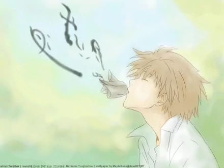 HD anime desktop wallpaper featuring a soft, pastel scene of Natsume from Natsume Yuujinchou (Natsume's Book of Friends) with floating paper talismans.