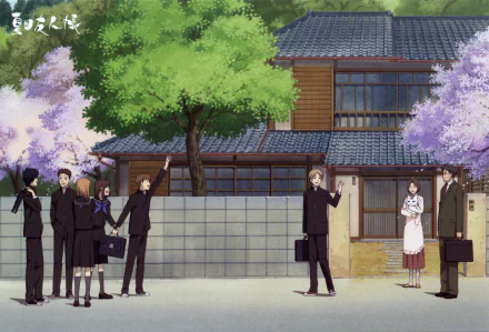 HD PC desktop wallpaper featuring characters from the anime Natsume Yuujinchou (Natsume's Book of Friends) standing outside a traditional Japanese house with cherry blossoms.