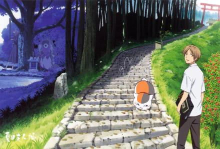 HD PC desktop wallpaper from Natsume Yuujinchou (Natsume's Book of Friends) featuring Natsume and the cat spirit Nyanko-sensei on a stone path through a forest.