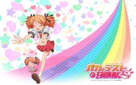HD PC desktop wallpaper from Baka and Test anime: energetic orange‑haired schoolgirl reaching out across a rainbow arc, surrounded by pastel hearts and the series logo.