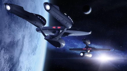 HD desktop wallpaper featuring an iconic Star Trek Sci-Fi scene with two starships hovering in space above a planet, illuminated by distant stars and planets in the background.