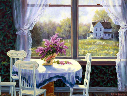 A beautiful painting of a kitchen scene features a vase of flowers on a table, framed by a window with sheer curtains, showcasing a serene countryside view.