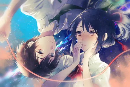 HD anime wallpaper featuring Taki Tachibana and Mitsuha Miyamizu from Your Name., surrounded by vivid colors and a glowing red thread.