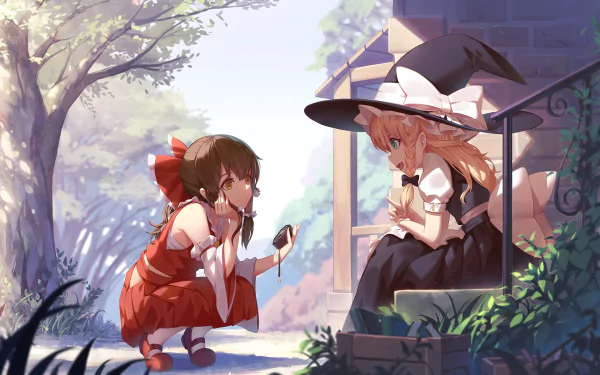 HD PC desktop wallpaper featuring anime characters Marisa Kirisame and Reimu Hakurei from Touhou, set in a tranquil outdoor scene with soft lighting and detailed backgrounds.