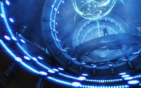 4K Ultra HD PC desktop wallpaper from the video game Titanfall 2, featuring a futuristic, glowing blue circular structure with a silhouetted figure inside.