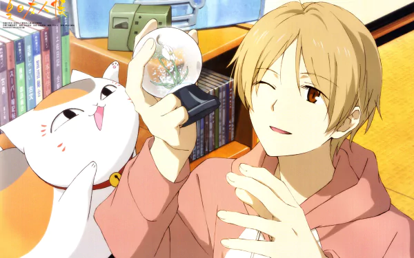 HD PC desktop wallpaper featuring characters from the anime Natsume Yuujinchou (Natsume's Book of Friends) with Natsume holding a snow globe and a white cat beside him.