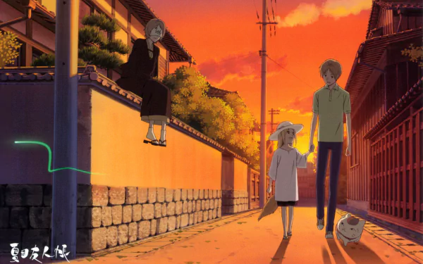 HD PC desktop wallpaper from the anime Natsume Yuujinchou (Natsume's Book of Friends) featuring characters walking along a sunlit street at sunset.