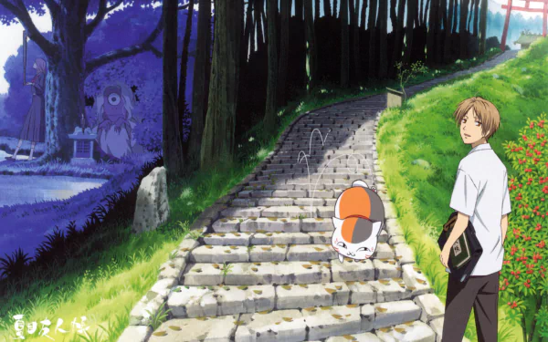 HD PC desktop wallpaper from Natsume Yuujinchou (Natsume's Book of Friends) featuring Natsume and the cat spirit Nyanko-sensei on a stone path through a forest.