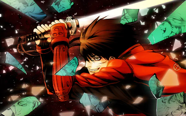 HD PC desktop wallpaper featuring Toyohisa Shimazu from the anime Drifters, wielding a sword amidst shattered glass with dynamic lighting and intense expression.