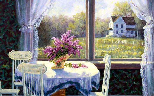 A beautiful painting of a kitchen scene features a vase of flowers on a table, framed by a window with sheer curtains, showcasing a serene countryside view.