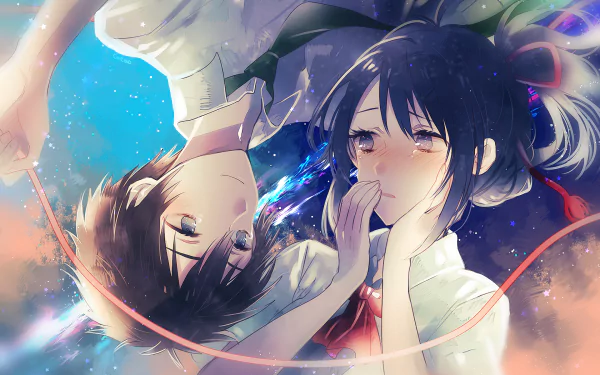 HD anime wallpaper featuring Taki Tachibana and Mitsuha Miyamizu from Your Name., surrounded by vivid colors and a glowing red thread.