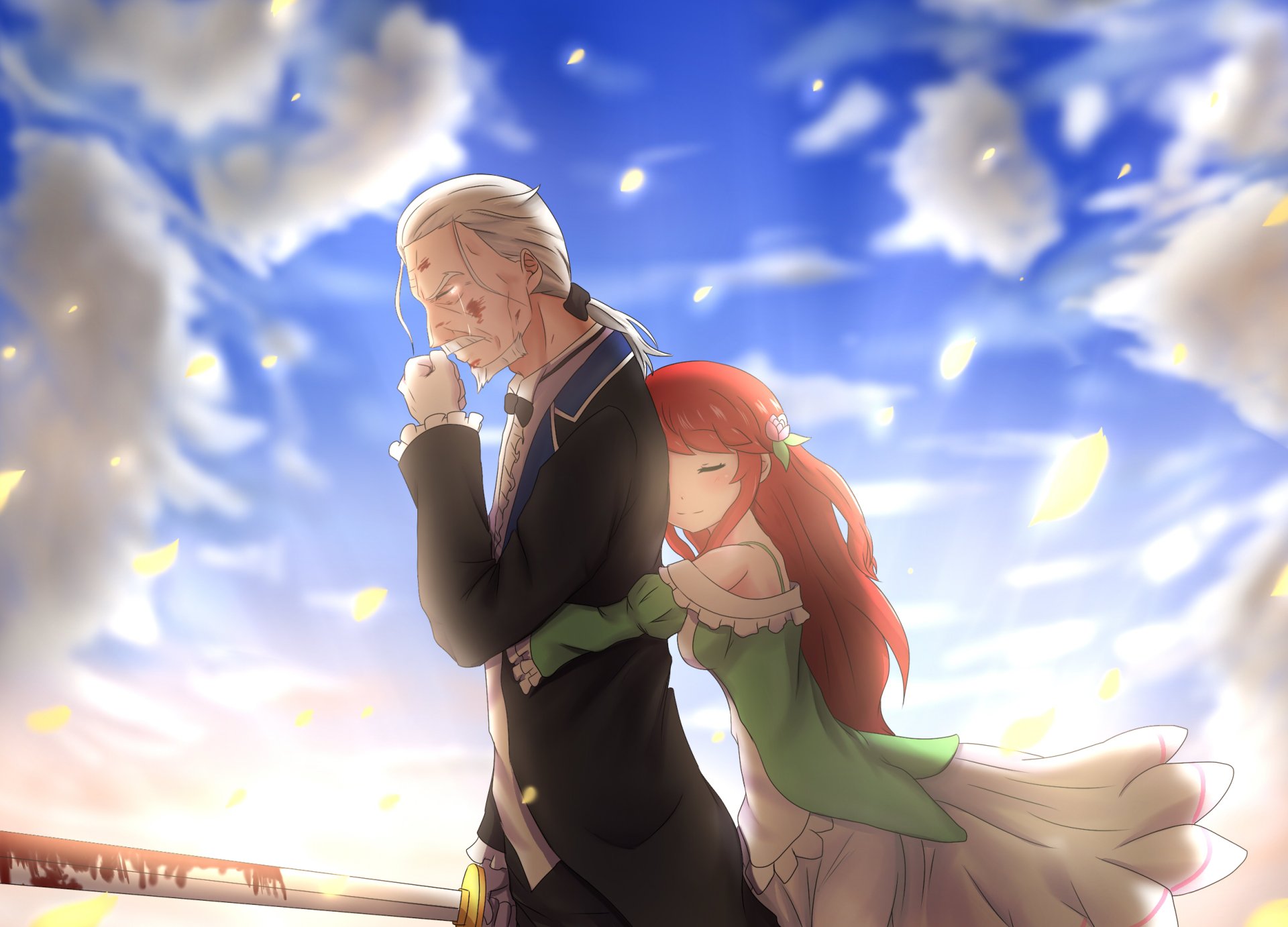 HD anime desktop wallpaper featuring Theresia van Astrea and Wilhelm van Astrea from Re:Zero - Starting Life in Another World, set against a bright, cloudy sky.