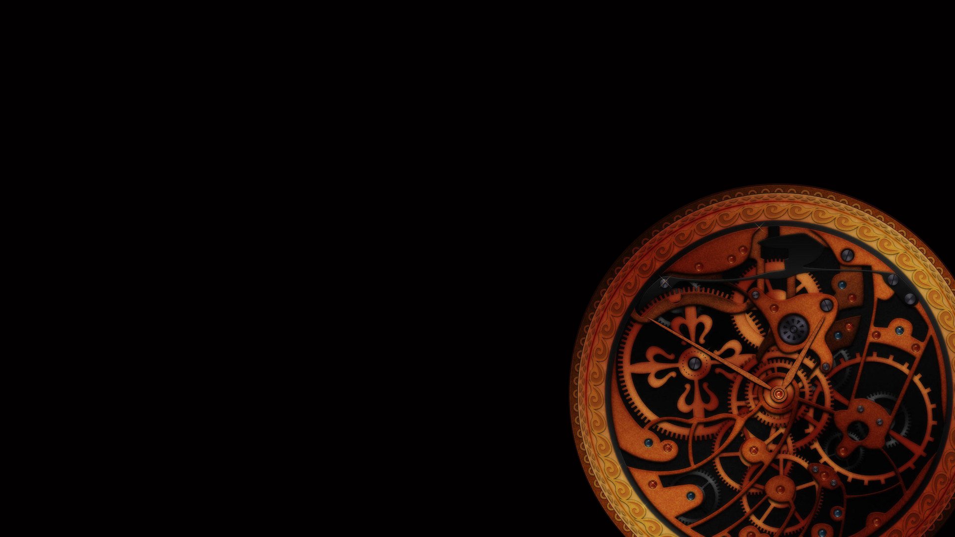 A dark, artistic steampunk clockwork with intricate gears and elemental design set against a black background, rendered as an HD PC desktop wallpaper.