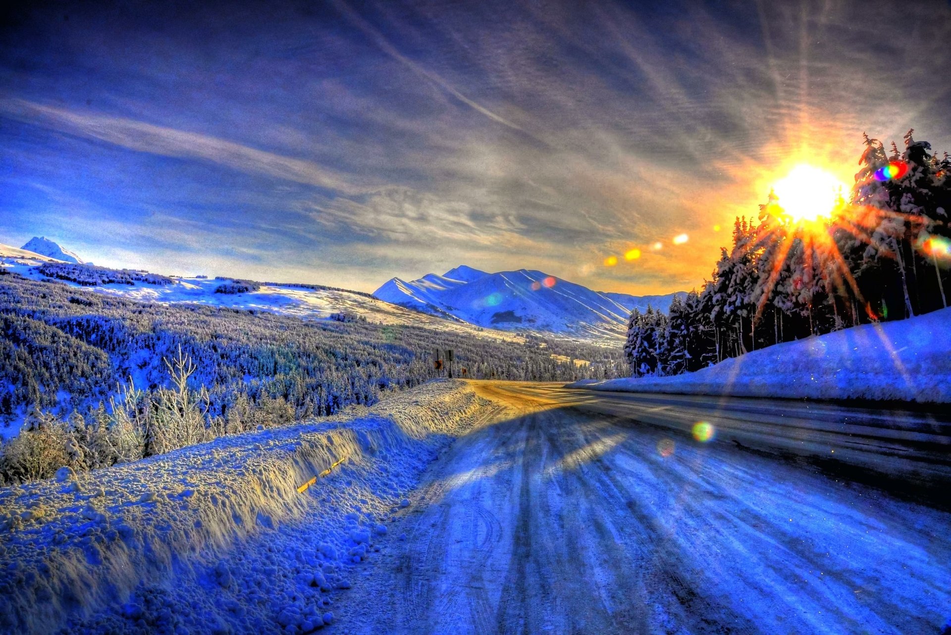 Download Sunset Snow Tree Winter Man Made Road HD Wallpaper