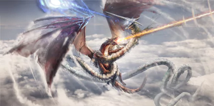 A fierce battle between a snake-like dragon and a winged dragon unfolds amidst clouds in a dynamic fantasy HD desktop wallpaper.