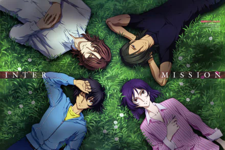 Anime-style illustration of four characters from Mobile Suit Gundam 00 lying on grass, featured as a vibrant 4K Ultra HD PC desktop wallpaper and background.
