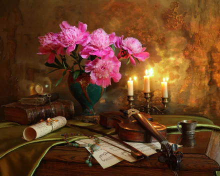 HD PC desktop wallpaper and background: still-life photography of a violin, sheet music, books and lit candles beside a vase of pink flowers on a wooden table.