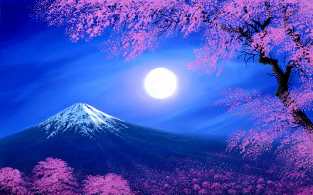 HD desktop wallpaper displaying a serene fantasy scene with a full moon, cherry blossoms, and Mount Fuji in the background, evoking the beauty of nature in spring.