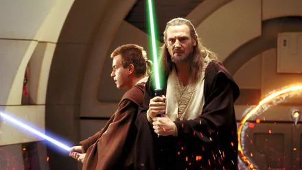 Star Wars beard Jedi blue lightsaber green lightsaber lightsaber Ewan McGregor Obi-Wan Kenobi Liam Neeson Qui-gon Jinn movie Star Wars: Episode I - The Phantom Menace HD Desktop Wallpaper | Background Image