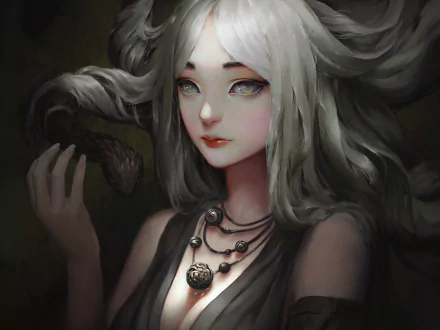 Fantasy-themed HD desktop wallpaper of a woman with flowing white hair holding a snake, set against a dark, mystical background.
