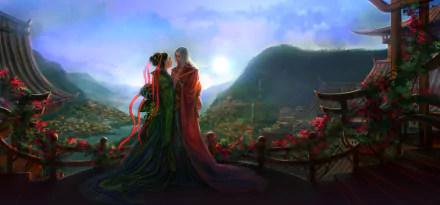 A romantic Asian couple in traditional attire stands amidst a vibrant fantasy landscape, captured in a stunning HD PC desktop wallpaper background.