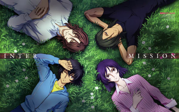 Anime-style illustration of four characters from Mobile Suit Gundam 00 lying on grass, featured as a vibrant 4K Ultra HD PC desktop wallpaper and background.