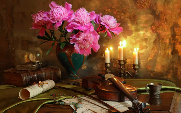 HD PC desktop wallpaper and background: still-life photography of a violin, sheet music, books and lit candles beside a vase of pink flowers on a wooden table.