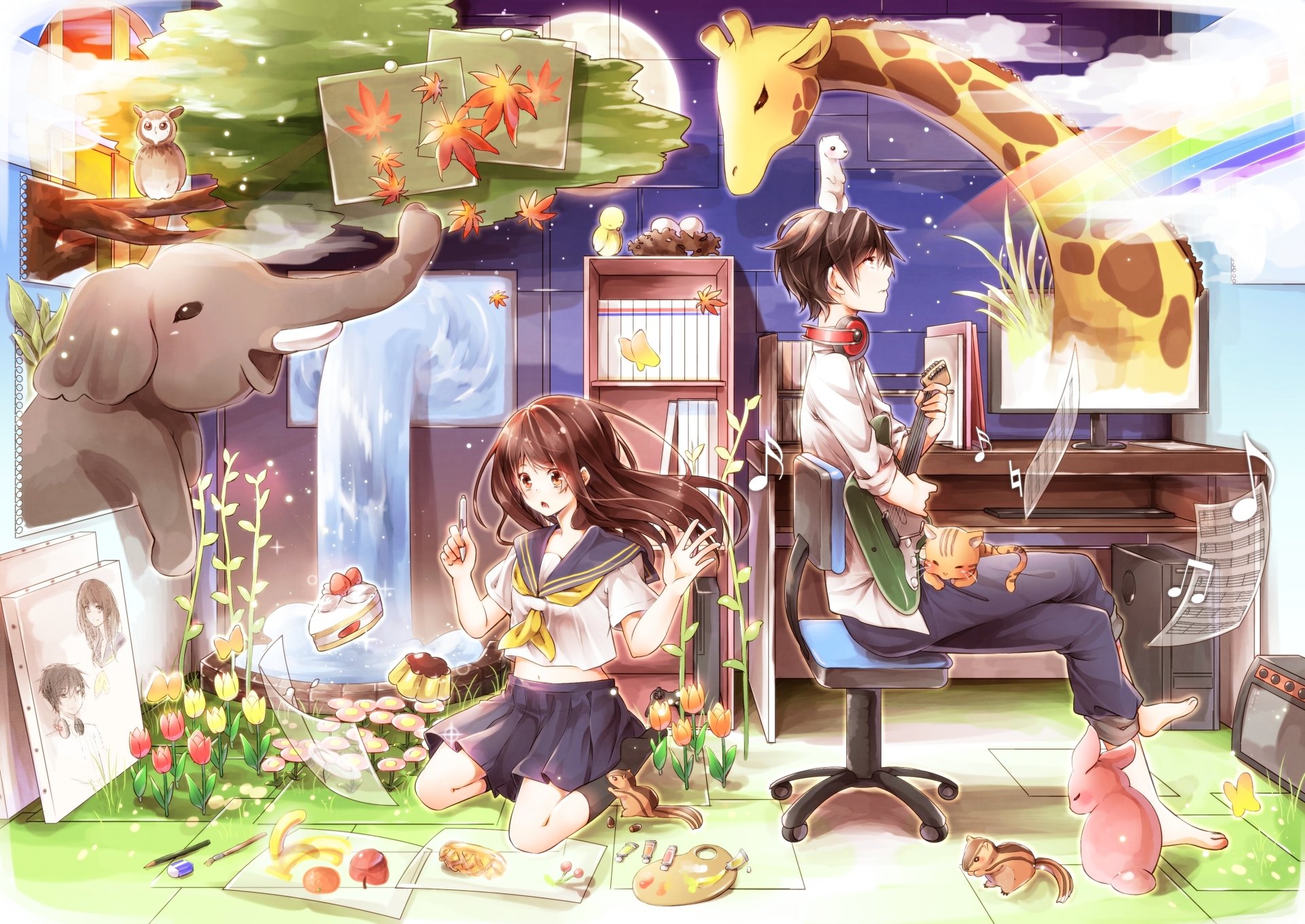 Anime original HD PC desktop wallpaper depicting a girl and a boy surrounded by animals, plants, and musical notes in a vibrant, imaginative indoor-outdoor scene.