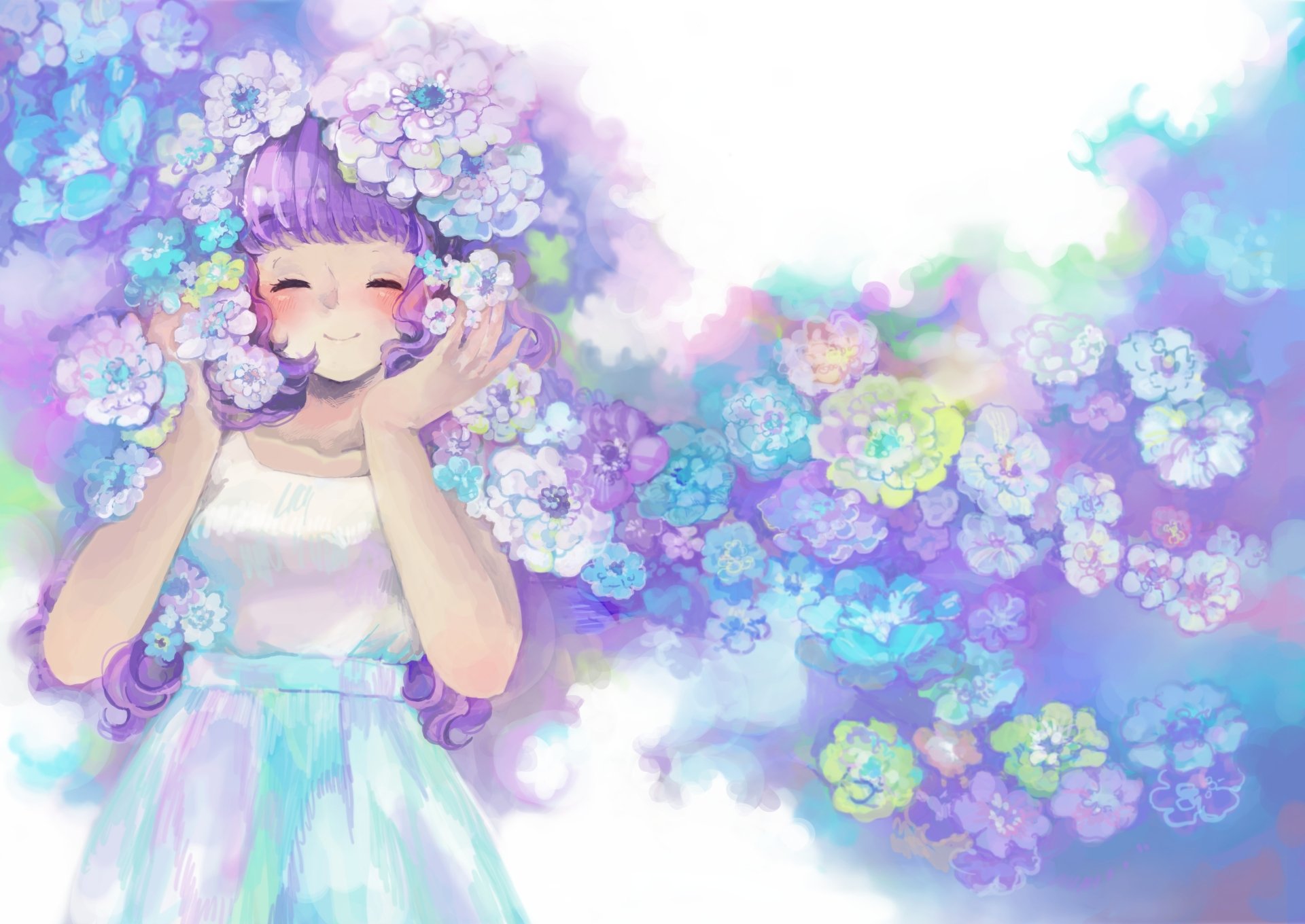 HD original anime-style desktop wallpaper featuring a joyful girl surrounded by flowing pastel flowers in shades of blue, purple, and white.
