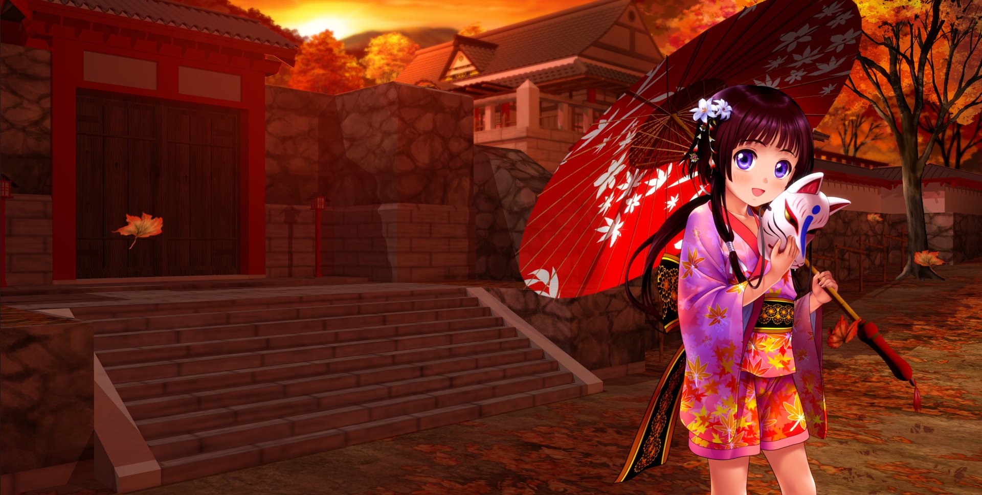 Anime original 4K Ultra HD PC desktop wallpaper and background: young girl in a colorful kimono holding a red umbrella and fox mask in an autumn shrine courtyard.
