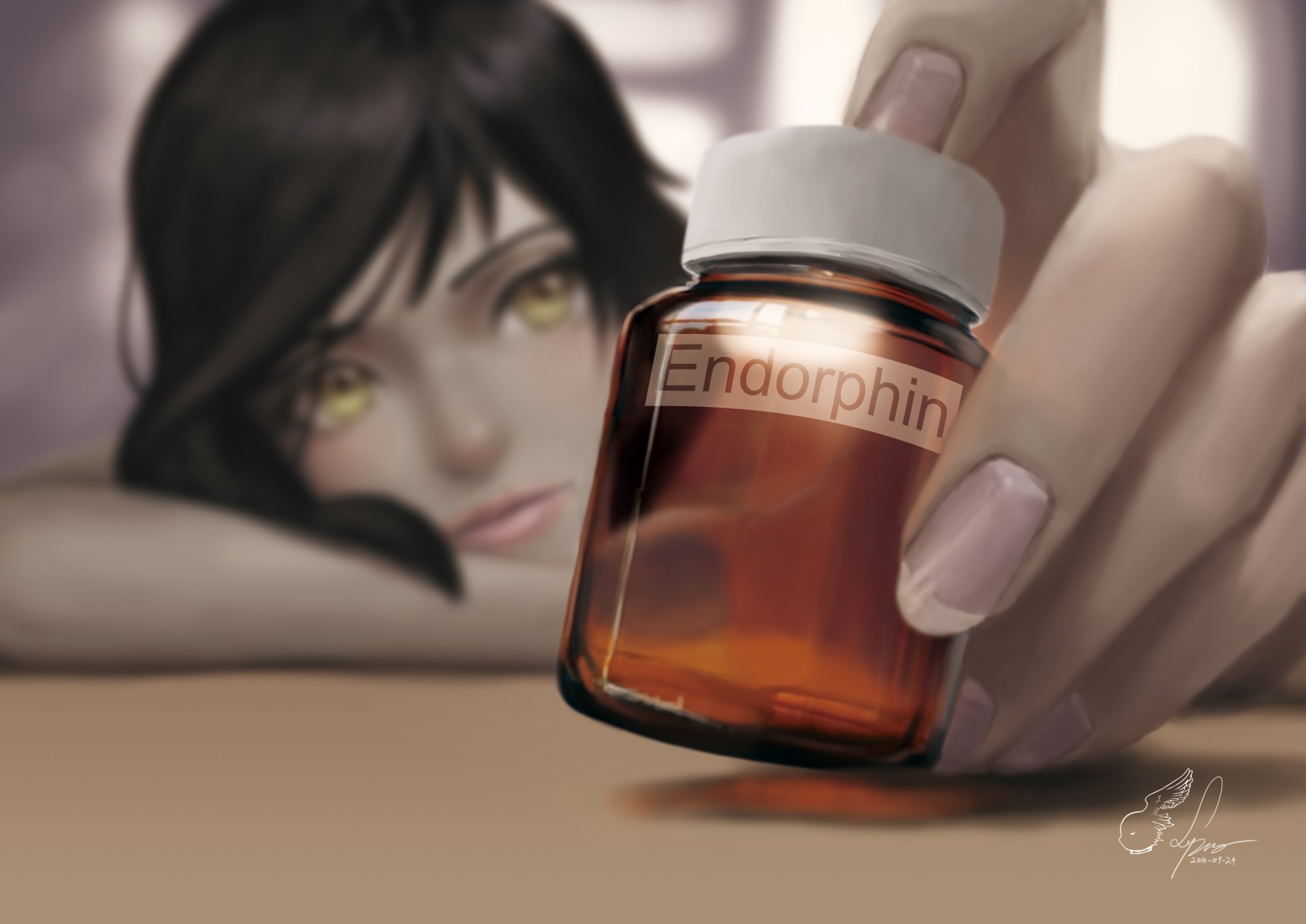 Anime-style original artwork featuring a close-up of a hand holding a small bottle labeled Endorphin, rendered in detailed 4K Ultra HD for PC desktop wallpaper.