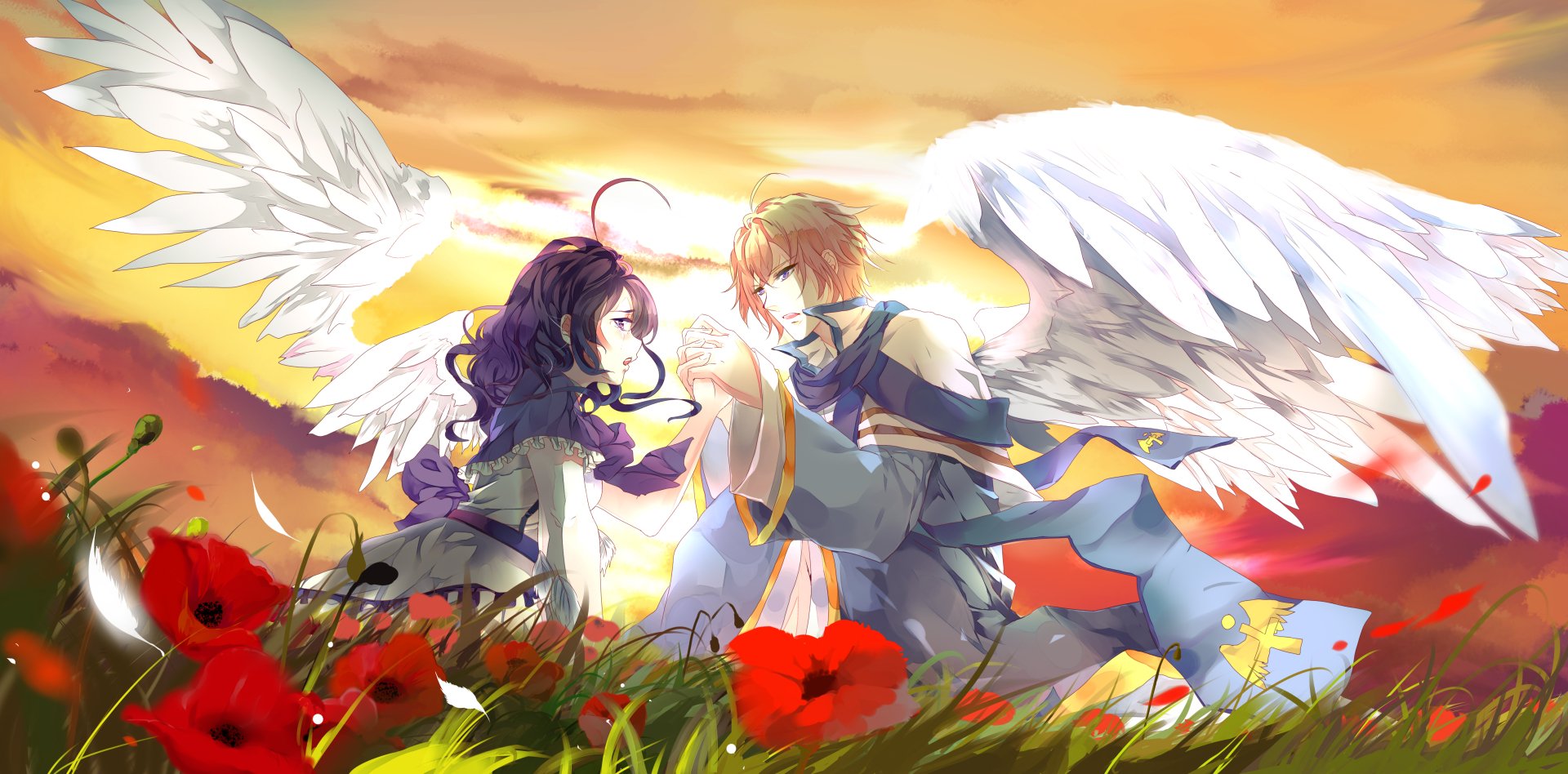 Anime angel couple with blonde wings sharing a tender moment amid a field of red flowers at sunset, rendered in vibrant 4K Ultra HD for PC desktop wallpaper.