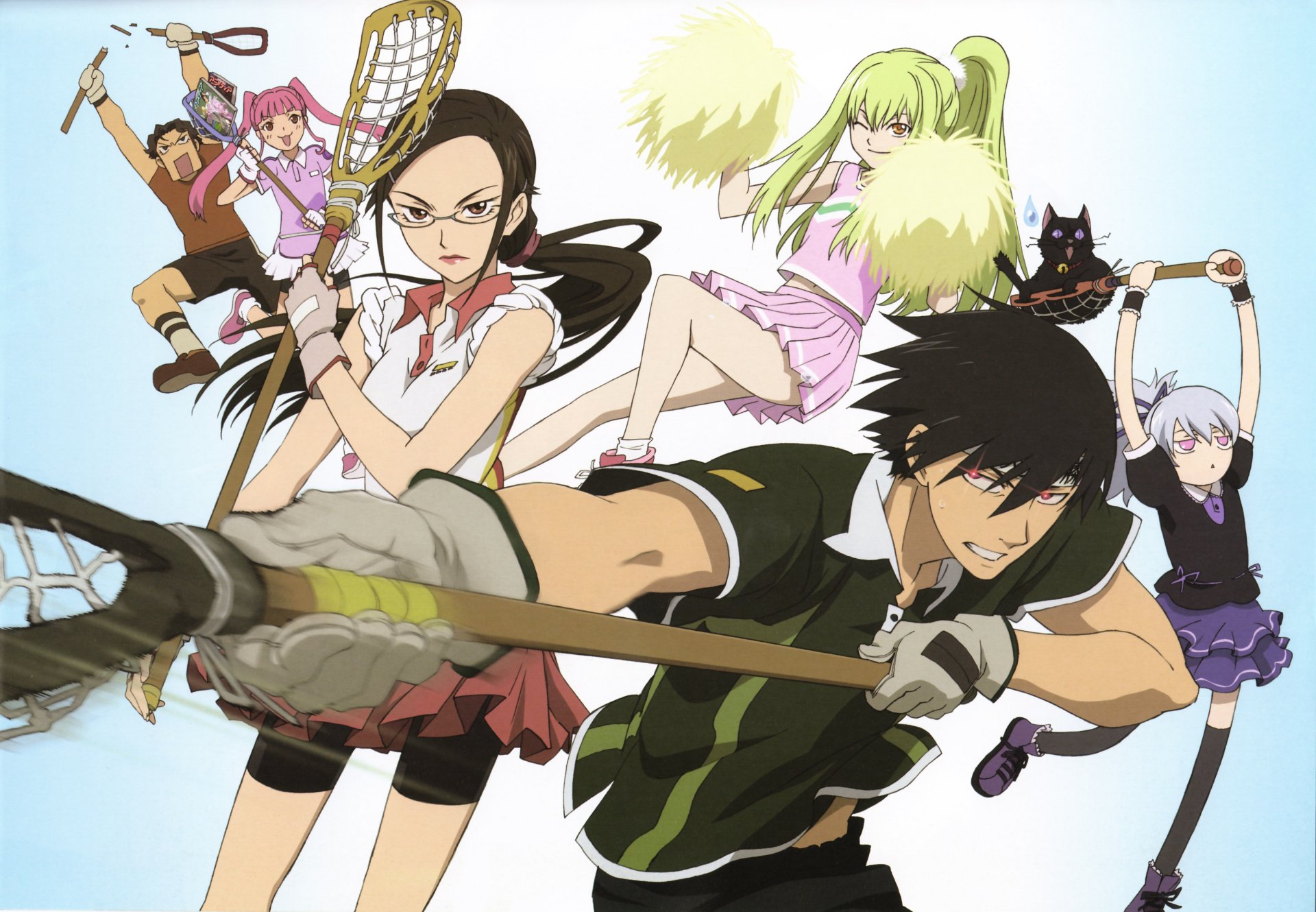 4K Ultra HD PC desktop wallpaper/background of Darker than Black featuring Hei, Misaki Kirihara, Yin, Mao and Amber in dynamic action poses against a pale sky.