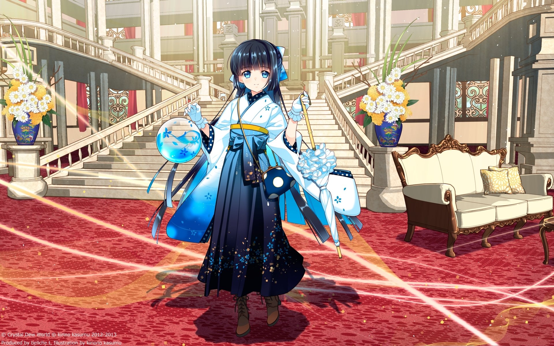 Anime original character in blue kimono stands in a grand lobby holding glowing orbs with a small fox spirit — HD PC desktop wallpaper background.