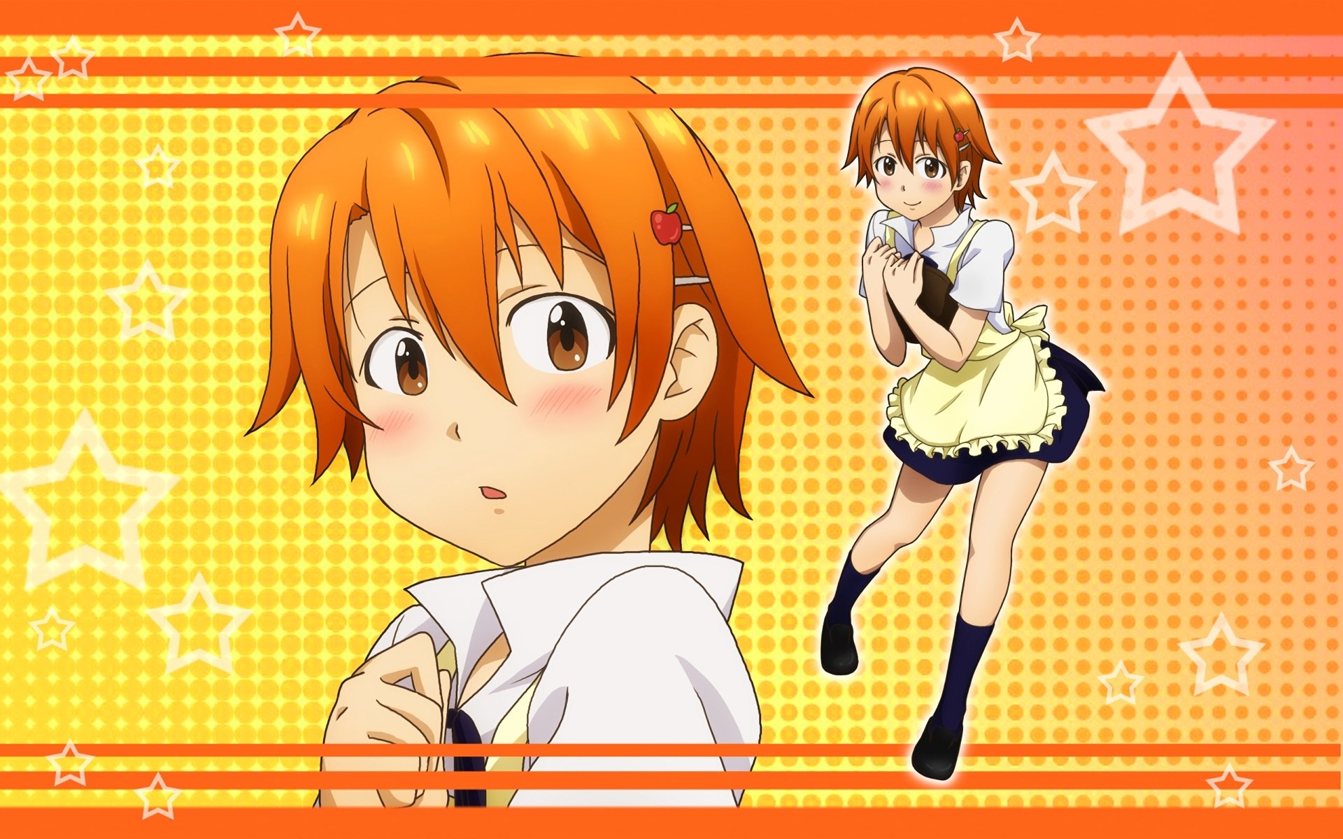 Anime, Working!! — HD PC desktop wallpaper of an orange-haired waitress: blushing close-up and full-body in a maid apron against an orange, star-patterned background.