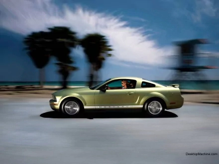 HD desktop wallpaper featuring a green Ford Mustang in motion with blurred palm trees and a coastal background.
