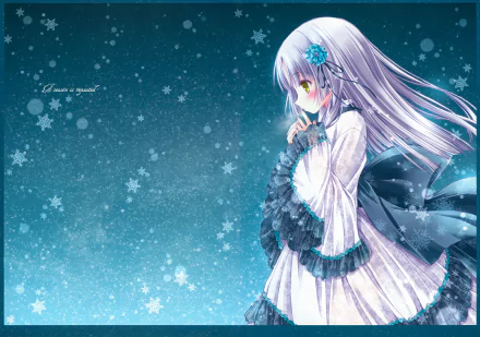 Anime Original 4K Ultra HD PC desktop wallpaper: silver-haired girl in a frilled winter dress gazes at falling snowflakes against a teal, starry background.