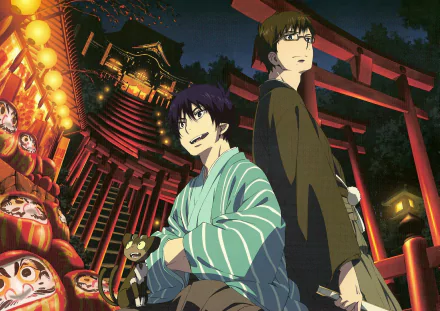 HD anime desktop wallpaper featuring two characters from Blue Exorcist standing in front of a traditional Japanese temple illuminated at night.