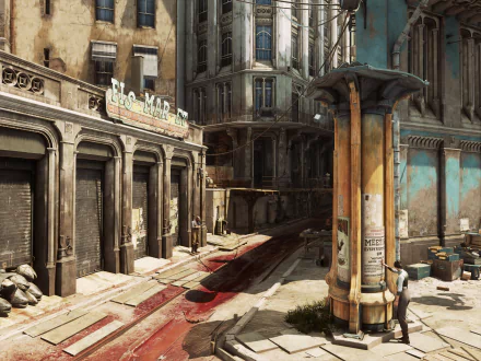 4K Ultra HD PC desktop wallpaper featuring a detailed urban scene from the video game Dishonored 2, showcasing weathered buildings and shadowed alleyways.