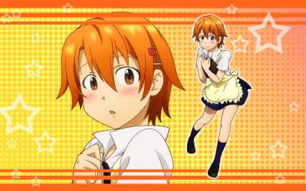Anime, Working!! — HD PC desktop wallpaper of an orange-haired waitress: blushing close-up and full-body in a maid apron against an orange, star-patterned background.