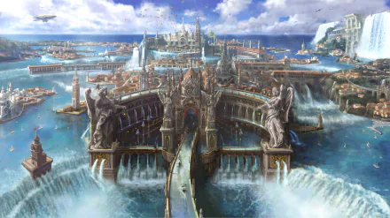 HD desktop wallpaper featuring a stunning in-game cityscape from Final Fantasy XV, showcasing intricate architecture, massive statues, flowing waterfalls, and a sprawling horizon under a vibrant sky.