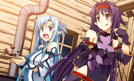HD anime desktop wallpaper featuring Yuuki Konno and Asuna Yuuki from Sword Art Online II in dynamic poses with a wooden building background.