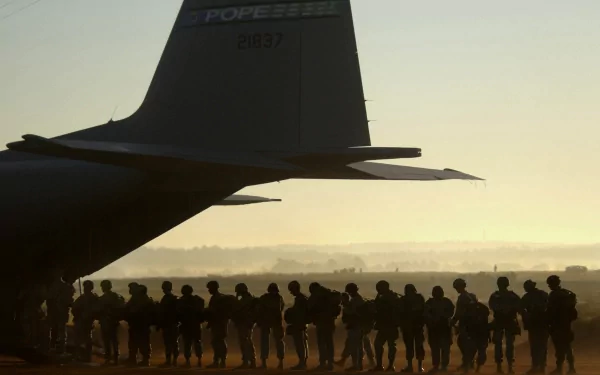 Silhouetted soldiers of the United States Army stand in formation by a military aircraft at sunrise, capturing a moment of duty and camaraderie. HD desktop wallpaper.