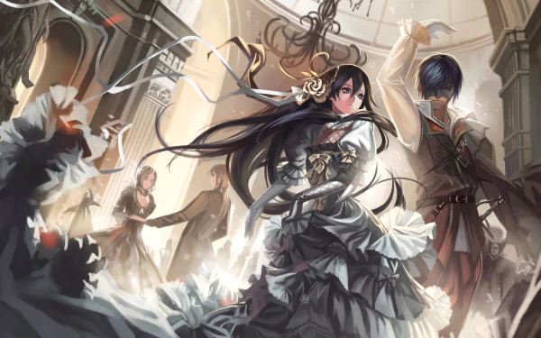 HD anime desktop wallpaper featuring Len Kagamine, Rin Kagamine, and Kaito (Vocaloid) in an elegant ballroom scene. The characters are dancing in intricate, flowing attire.